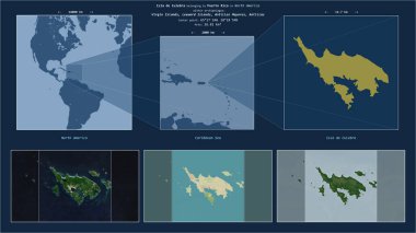 Karayip Denizi 'ndeki Isla de Culebra Porto Riko' ya ait. Adanın sarı şekli ve çevresinin örnek haritalarıyla tanımlanmış konum diyagramı.