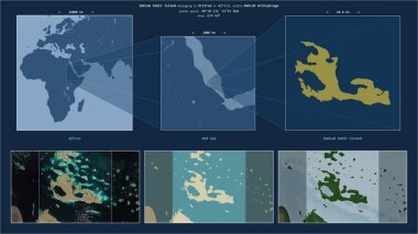 Eritre 'ye ait Kızıl Deniz' deki Dahlak Kebir Adası. Adanın sarı şekli ve çevresinin örnek haritalarıyla tanımlanmış konum diyagramı.