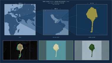 Basra Körfezi 'ndeki Dalma Adası Birleşik Arap Emirlikleri' ne ait. Adanın sarı şekli ve çevresinin örnek haritalarıyla tanımlanmış konum diyagramı.