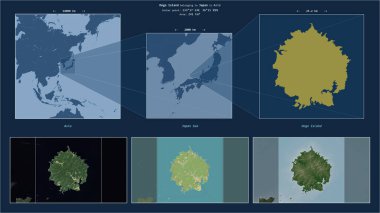 Dogo Island in the Japan Sea - belonging to Japan. Described location diagram with yellow shape of the island and sample maps of its surroundings clipart