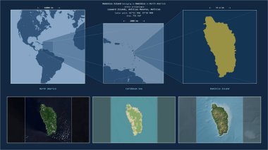 Dominica 'ya ait Karayip Denizi' ndeki Dominica Adası. Adanın sarı şekli ve çevresinin örnek haritalarıyla tanımlanmış konum diyagramı.