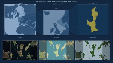 Eday Island in the North Sea - belonging to United Kingdom. Described location diagram with yellow shape of the island and sample maps of its surroundings clipart