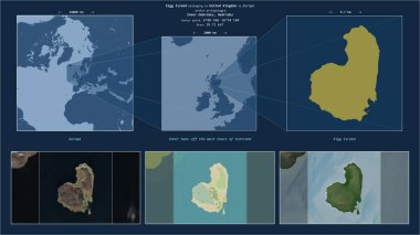 Eigg Island in the Inner Seas off the West Coast of Scotland - belonging to United Kingdom. Described location diagram with yellow shape of the island and sample maps of its surroundings clipart