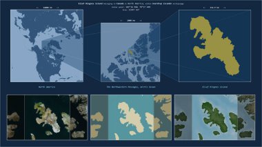 Ellef Ringnes Island in the Arctic Ocean - belonging to Canada. Described location diagram with yellow shape of the island and sample maps of its surroundings clipart