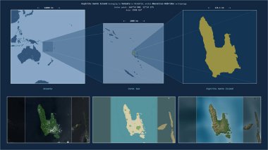 Vanuatu 'ya ait Mercan Denizi' ndeki Espiritu Santo Adası. Adanın sarı şekli ve çevresinin örnek haritalarıyla tanımlanmış konum diyagramı.