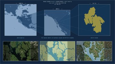Güneydoğu Alaska 'nın Sahil Suları' ndaki Etolin Adası ve Amerika Birleşik Devletleri 'ne ait British Columbia. Adanın sarı şekli ve çevresinin örnek haritalarıyla tanımlanmış konum diyagramı.