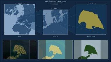 Baltık Denizi 'ndeki Fehmarn Adası. Almanya' ya ait. Adanın sarı şekli ve çevresinin örnek haritalarıyla tanımlanmış konum diyagramı.