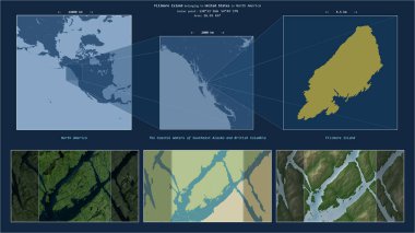 Fillmore Island in the The Coastal Waters of Southeast Alaska and British Columbia - belonging to United States. Described location diagram with yellow shape of the island and sample maps of its surroundings clipart