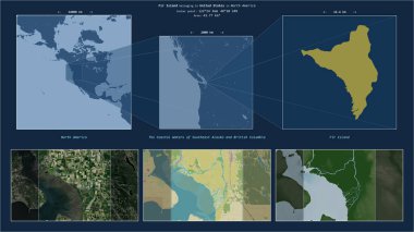 Fir Island in the The Coastal Waters of Southeast Alaska and British Columbia - belonging to United States. Described location diagram with yellow shape of the island and sample maps of its surroundings clipart