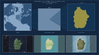 Kuzey Atlantik Okyanusu 'ndaki Flores Adası. Portekiz' e ait. Adanın sarı şekli ve çevresinin örnek haritalarıyla tanımlanmış konum diyagramı.