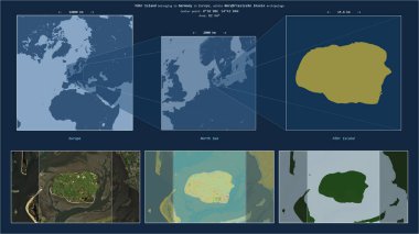 Kuzey Denizi 'ndeki Fohr Adası. Almanya' ya ait. Adanın sarı şekli ve çevresinin örnek haritalarıyla tanımlanmış konum diyagramı.
