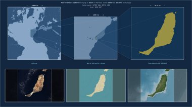 Fuerteventura Island in the North Atlantic Ocean - belonging to Spain. Described location diagram with yellow shape of the island and sample maps of its surroundings clipart