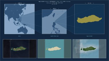 Fuga Island in the South China Sea - belonging to Philippines. Described location diagram with yellow shape of the island and sample maps of its surroundings clipart