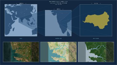 Goa Island in the Arabian Sea - belonging to India. Described location diagram with yellow shape of the island and sample maps of its surroundings clipart