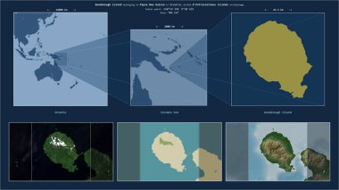 Goodenough Island in the Solomon Sea - belonging to Papua New Guinea. Described location diagram with yellow shape of the island and sample maps of its surroundings clipart