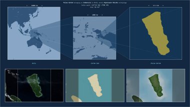 Pulau Gorom in the Ceram Sea - belonging to Indonesia. Described location diagram with yellow shape of the island and sample maps of its surroundings clipart