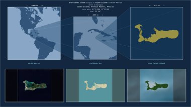 Gran Caiman Island in the Caribbean Sea - belonging to Cayman Islands. Described location diagram with yellow shape of the island and sample maps of its surroundings clipart