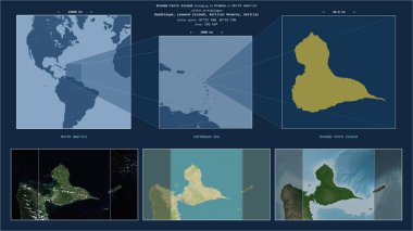 Karayip Denizi 'ndeki Büyük Terre Adası. Fransa' ya ait. Adanın sarı şekli ve çevresinin örnek haritalarıyla tanımlanmış konum diyagramı.