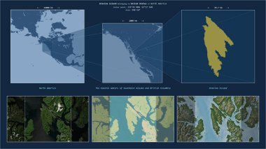 Güneydoğu Alaska 'nın Kıyı Suları' ndaki Gravina Adası ve Amerika Birleşik Devletleri 'ne ait British Columbia. Adanın sarı şekli ve çevresinin örnek haritalarıyla tanımlanmış konum diyagramı.
