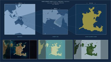 Avustralya 'ya ait Arafura Denizi' ndeki Groote Eylandt Adası. Adanın sarı şekli ve çevresinin örnek haritalarıyla tanımlanmış konum diyagramı.