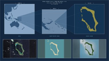 Greens Island in the South Pacific Ocean - belonging to Papua New Guinea. Described location diagram with yellow shape of the island and sample maps of its surroundings clipart