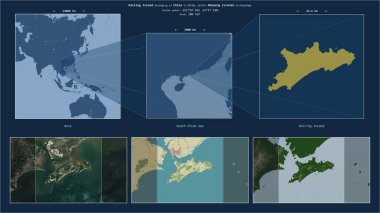 Güney Çin Denizi 'ndeki dolu adası. Çin' e ait. Adanın sarı şekli ve çevresinin örnek haritalarıyla tanımlanmış konum diyagramı.