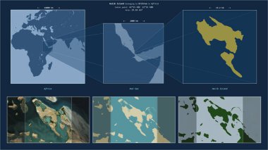 Kızıl Deniz 'deki Halib Adası. Eritre' ye ait. Adanın sarı şekli ve çevresinin örnek haritalarıyla tanımlanmış konum diyagramı.