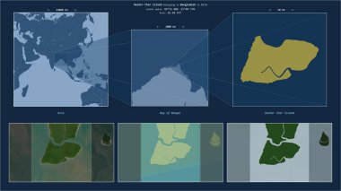 Bengal Körfezi 'ndeki Hasher Char Adası. Bangladeş' e ait. Adanın sarı şekli ve çevresinin örnek haritalarıyla tanımlanmış konum diyagramı.