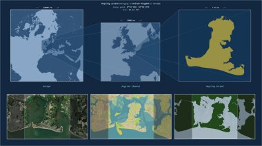 Manş Denizi 'ndeki Hayling Adası. Birleşik Krallık' a ait. Adanın sarı şekli ve çevresinin örnek haritalarıyla tanımlanmış konum diyagramı.