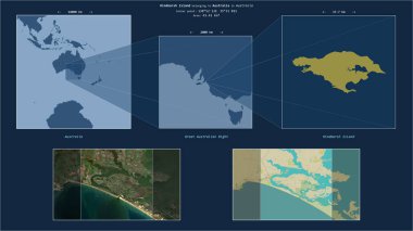 Hindmarsh Island in the Great Australian Bight - belonging to Australia. Described location diagram with yellow shape of the island and sample maps of its surroundings clipart