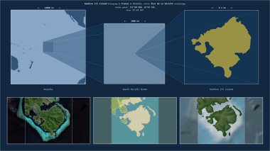 Huahine Iti Island in the South Pacific Ocean - belonging to France. Described location diagram with yellow shape of the island and sample maps of its surroundings clipart