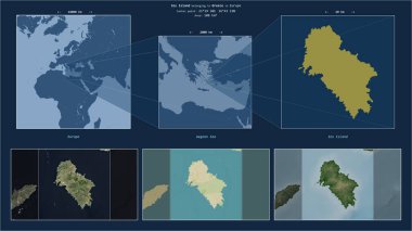 Ege Denizi 'ndeki Ios Adası - Yunanistan' a ait. Adanın sarı şekli ve çevresinin örnek haritalarıyla tanımlanmış konum diyagramı.