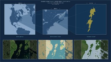 Kuzey Atlantik Okyanusu 'ndaki Islesboro Adası. Birleşik Devletler' e ait. Adanın sarı şekli ve çevresinin örnek haritalarıyla tanımlanmış konum diyagramı.