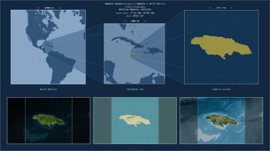 Jamaika 'nın Karayip Denizi' ndeki Jamaika Adası. Adanın sarı şekli ve çevresinin örnek haritalarıyla tanımlanmış konum diyagramı.
