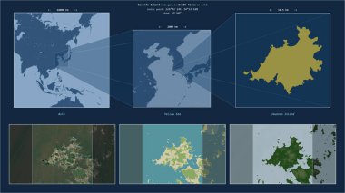 Jauendo Island in the Yellow Sea - belonging to South Korea. Described location diagram with yellow shape of the island and sample maps of its surroundings clipart