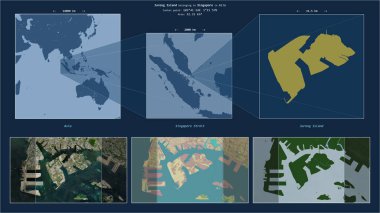 Jurong Island in the Singapore Strait - belonging to Singapore. Described location diagram with yellow shape of the island and sample maps of its surroundings clipart