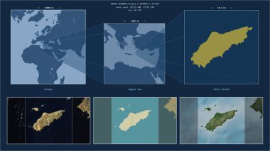 Kasos Island in the Aegean Sea - belonging to Greece. Described location diagram with yellow shape of the island and sample maps of its surroundings clipart