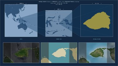 Banda Denizi 'ndeki Kelang Adası. Endonezya' ya ait. Adanın sarı şekli ve çevresinin örnek haritalarıyla tanımlanmış konum diyagramı.