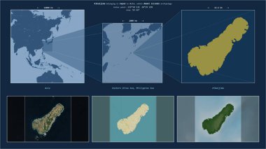 Japonya 'ya ait Filipin Denizi' ndeki Kikaijima. Adanın sarı şekli ve çevresinin örnek haritalarıyla tanımlanmış konum diyagramı.