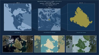 Kanada 'ya ait Kuzeybatı Geçitleri' ndeki Kral William Adası. Adanın sarı şekli ve çevresinin örnek haritalarıyla tanımlanmış konum diyagramı.