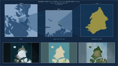 Rusya 'ya ait Kara Denizi' ndeki Komsomolets Adası. Adanın sarı şekli ve çevresinin örnek haritalarıyla tanımlanmış konum diyagramı.