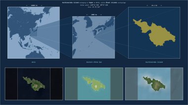 Kuchinoerabu Island in the Eastern China Sea - belonging to Japan. Described location diagram with yellow shape of the island and sample maps of its surroundings clipart
