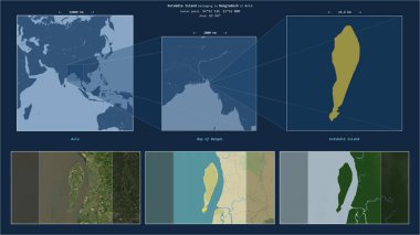 Kutubdia Island in the Bay of Bengal - belonging to Bangladesh. Described location diagram with yellow shape of the island and sample maps of its surroundings clipart