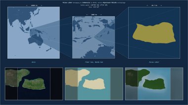 Timor Denizi 'ndeki Pulau Lakor. Endonezya' ya ait. Adanın sarı şekli ve çevresinin örnek haritalarıyla tanımlanmış konum diyagramı.