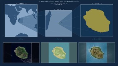 Hint Okyanusu 'ndaki La Reunion Adası. Fransa' ya ait. Adanın sarı şekli ve çevresinin örnek haritalarıyla tanımlanmış konum diyagramı.