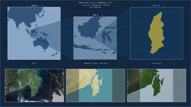 Pulau Laut in the Java Sea - belonging to Indonesia. Described location diagram with yellow shape of the island and sample maps of its surroundings clipart