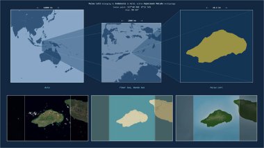 Timor Denizi 'ndeki Pulau Leti. Endonezya' ya ait. Adanın sarı şekli ve çevresinin örnek haritalarıyla tanımlanmış konum diyagramı.