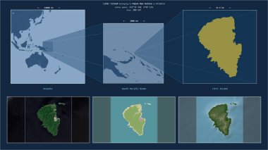 Güney Pasifik Okyanusu 'ndaki Lihir Adası Papua Yeni Gine' ye ait. Adanın sarı şekli ve çevresinin örnek haritalarıyla tanımlanmış konum diyagramı.