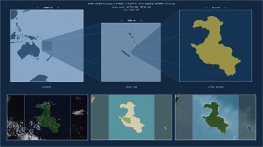 Fransa 'ya ait Mercan Denizi' ndeki Lifou Adası. Adanın sarı şekli ve çevresinin örnek haritalarıyla tanımlanmış konum diyagramı.
