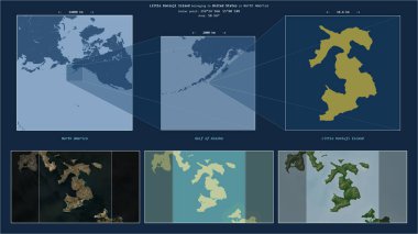 Little Koniuji Island in the Gulf of Alaska - belonging to United States. Described location diagram with yellow shape of the island and sample maps of its surroundings clipart